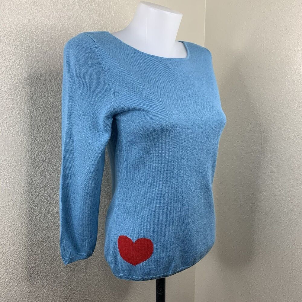 Vertical Design Silk Cashmere Angora Rabbit Blue Heart On Sleeve Sweater Sz M